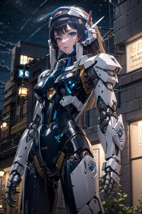 ((masterpiece,best quality, detailed)), cowboy shot, outdoors, night, cityscape, starry sky, <lora:mecha_offset:1>, mechanical p...