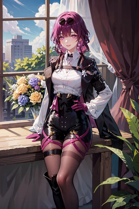 anime girl in short skirt and jacket sitting on window sill