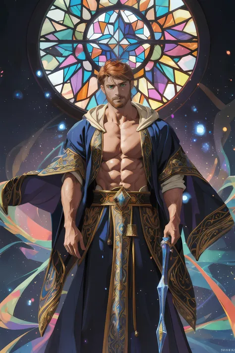 (handsome young cleric conjuring magic), facial hair, (shirtless), (intricate robes of many colors), swirling robes, best qualit...
