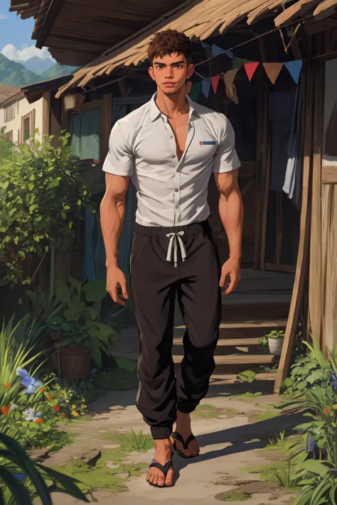 8k, uhd, dslr realistic, masterpiece, best quality, hugely detailed, hyperrealism, RAW photo, 18 years old Venezuelan man male, ((full body)), (Lean:1.2),  Button-down Shirt, Track pants, walking through a fantasy village, squatting, Brown Shaggy hair, stubble, Mischievous, smooth body, Flip-flops,