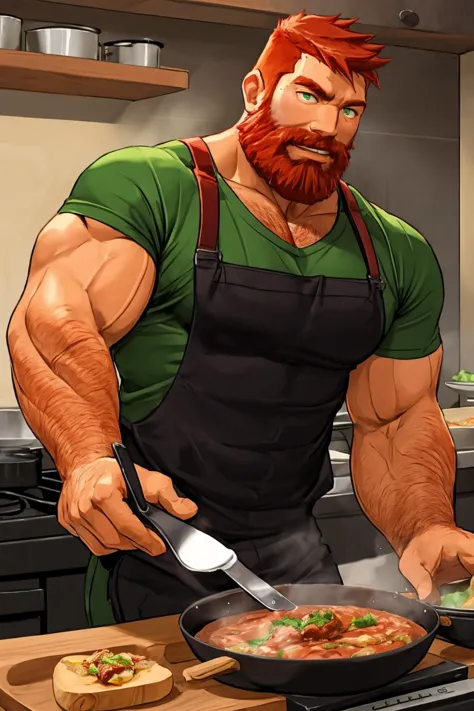 <lora:logan_ld:0.7>,logan,1 male,short red hair,beard,male focus,muscular,green eyes,cooking,