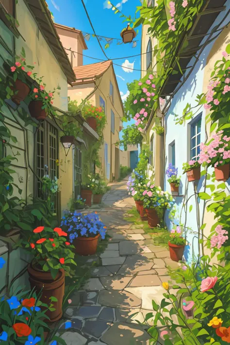 French summer, back alley, flowers, bushes, vegetation, white picket fences, pathway, bucolic, nostalgia, beautiful, absurdres, ...