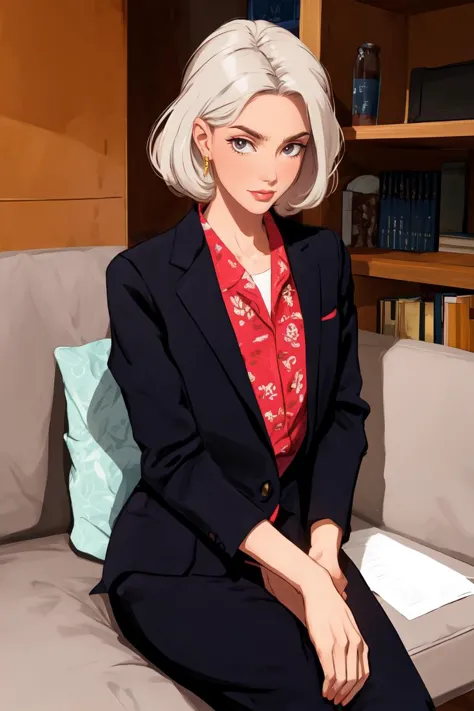 anime - style image of a woman sitting on a couch in a library