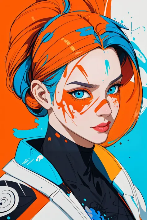 a painting of a woman with orange and blue paint splatters, ash thorp, bright colors highly detailed, elegant drawing, unique an...
