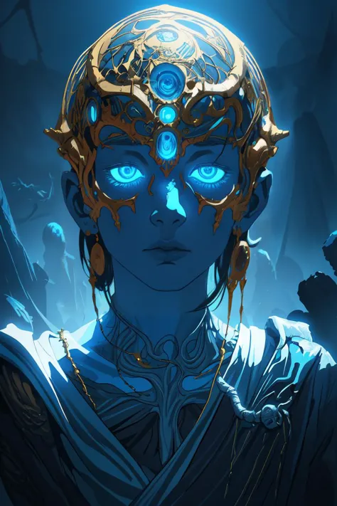 a woman with blue eyes and a gold headpiece stands in front of a dark background