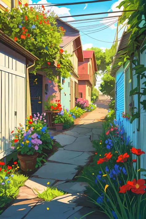 american summer, back alley, flowers, bushes, vegetation, white picket fences, pathway, bucolic, nostalgia, beautiful, absurdres...