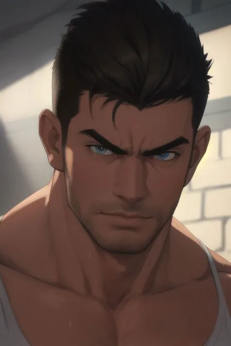 masterpiece, absurdres, handsome man, (30yo), stubble, short hair, bodybuilder, dynamic pose, pleasure expression, sweaty body, bara, 8K, HDR, realistic style, ((detailed face)), 80s anime style, slam dunk style, (cum covered:0.9)