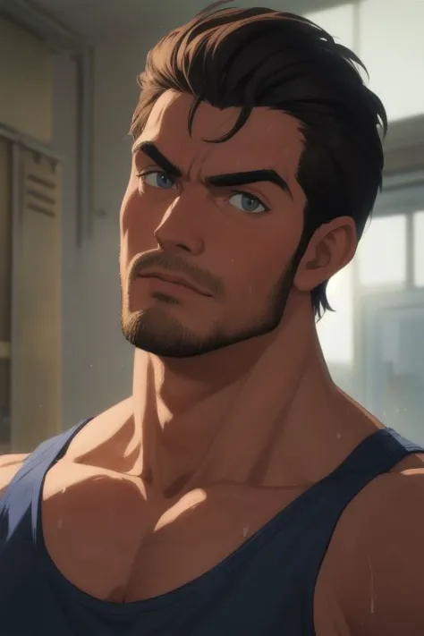 masterpiece, absurdres, handsome man, (30yo), stubble, short hair, bodybuilder, dynamic pose, pleasure expression, sweaty body, bara, 8K, HDR, realistic style, ((detailed face)), 80s anime style, slam dunk style, (cum covered:0.9)