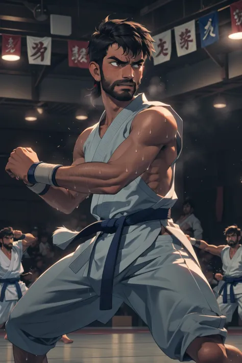 a close up of a man in a karate pose with other people