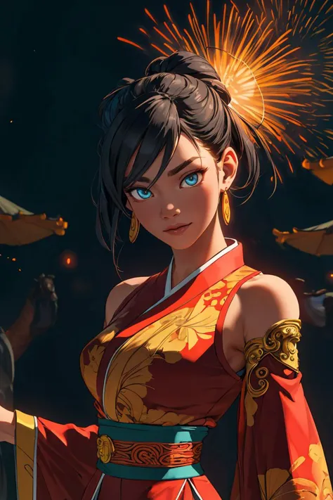 <lora:A_Fire_yuhuoshu:0.7>, Fire, Yohuoshu, ((best quality)), ((masterpiece)), (detailed), 1girl, Perfect Body, 18 years old, small breast, portrait of a girl with small breasts who is a fire bender and has a phoenix pet. Her face is exquisitely detailed, with captivating and gorgeous eyes that draw you in. She is dressed in a vibrant Chinese festival outfit, adorned with intricate details and adorned with flower patterns. The outfit is complemented by elegant earrings and jewelry, adding to her enchanting appearance. As she walks through Harajuku, the atmosphere is cinematic and splendid, with neon lights illuminating the surroundings and creating a bokeh effect. The background is intentionally blurry, emphasizing the focus on the girl and her captivating presence. Her flowing hair cascades down, seemingly glowing and catching the light, while flames dance around her, symbolizing her fire bending abilities. The scene is further enhanced by the presence of a lion dance, adding an element of cultural celebration and vibrancy. Fireworks burst in the sky, adding a sense of excitement and spectacle. The level of detail in the artwork is hyper-detailed, ensuring that every aspect of the composition is intricately rendered. Camera angle: A medium close-up shot captures the girl's face and upper body, emphasizing her striking features and the intricate details of her outfit. The camera angle is slightly tilted to add dynamism and enhance the cinematic feel of the scene, Haircut model by Curtain bangs, possed is Shoulder forward pose, sharp black, shooting angle is Rim lighting shot, time is Golden Hour, colored hair is Iridescent rainbow hair, BREAK, hyper realistic, intricate design, insanely detailed, extremely fine details, Extremely sharp lines, cinematic lighting, Photo realistic, a detailed painting by Esao Andrews and Anton Fadeev, Raw photo, high detailed, 8k, UHD, dslr, softlighting, HDR, warm light, high quality, film grain, fujifilm XT3, photorealistic, masterpiece, best quality, hyper-detailed, 8K, warm lighting, soft lighting, masterpiece, best quality, detailed, highest quality, ultra detailed, highres, cinematic light, splendid and colorful, out of focus, RAW photograph, art portrait, absurdres, high contrast, colorful, highest details,