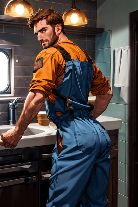 Masterpiece, highres, (male focus), (1boy, slim, 30 year old, spanish, stubble, short hair, brown hair, kitchen), plumber jumpsuit, plumber tools, fixing sink, exposed ass, looking back, curious, closeup, 8k, hdr