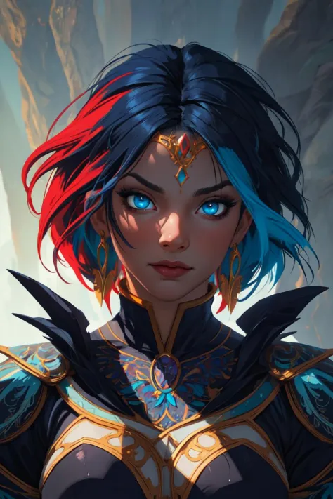 (masterpiece), ultra-detailed, (high detailed:1.2), (best quality:1.0),   woman, a godess, Beautiful raven woman with cyan flaming hair Captivating eyes 8k resolution concept art, by Karol Bak and Michael Divine. Dynamic lighting, hyperdetailed intricately, detailed Splash art, trending on Artstation, triadic colors, complimentary colors,