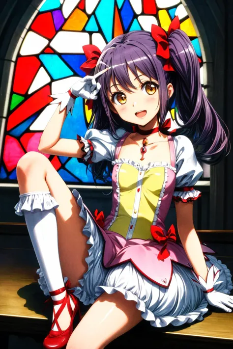 anime girl sitting on a bench in front of a stained glass window