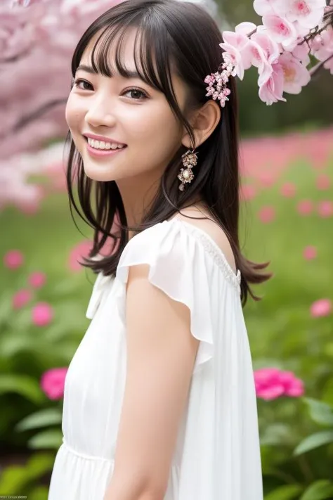 a woman in a white dress standing in front of a tree with pink flowers