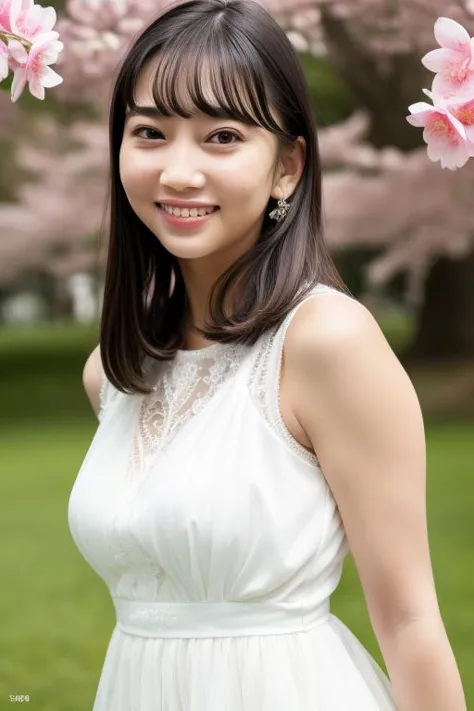 a woman in a white dress standing under a tree with pink flowers