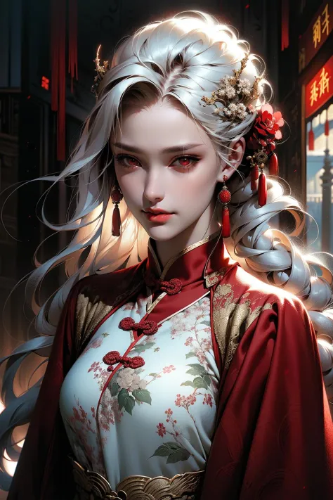 Meisterwerk,beste Qualität,ultra-detailliert,1 Mädchen,md,Am See,chinesische kleidung,weißes Haar,Oberkörper,rote Augen,
