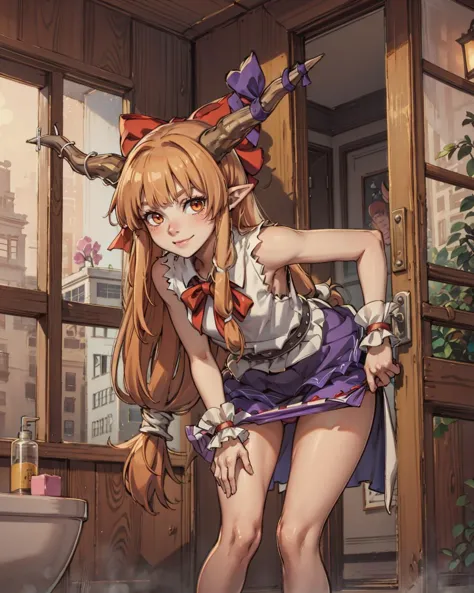 anime girl with horns and a skirt in a bathroom