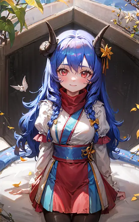 ink:1.3,masterpiece,1girl,solo, <lora:KindredSV1-000006:1>,blue hair, horns,standing,cherry blossom, (wolf:1.2),mask, falling petals, light smile, closed mouth,