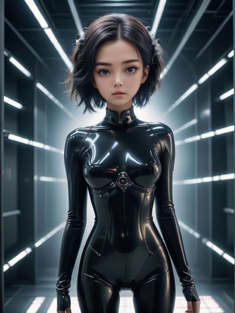 A woman in a black latex suit standing in a room - SeaArt AI