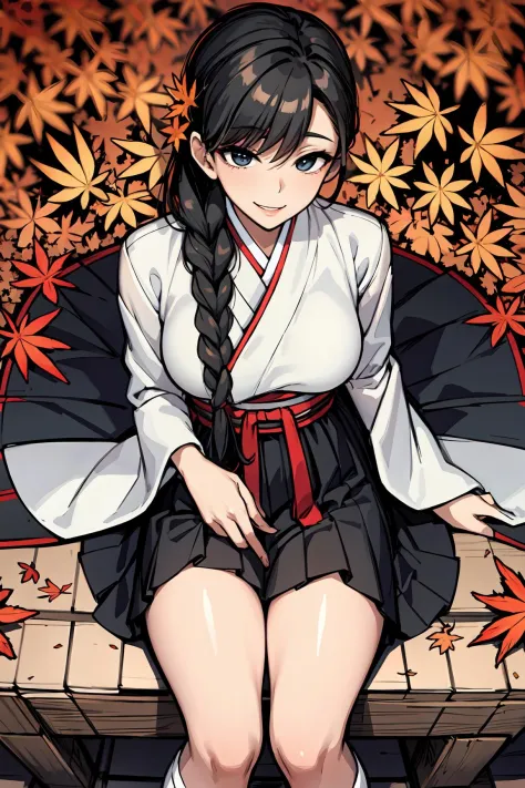 (masterpiece:1.2), 1milf, solo, smile, black hair, braid, white hanbok, korean_clothes, wide-fitting skirt, day, maple tree, fal...