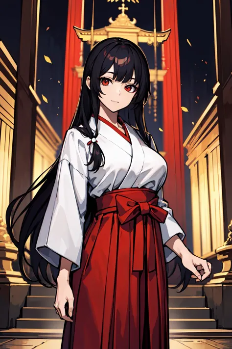 (masterpiece:1.2, best quality), (dinamic lighting) 1lady, solo, long hair, (hakama, red skirt), (torii, temple),
