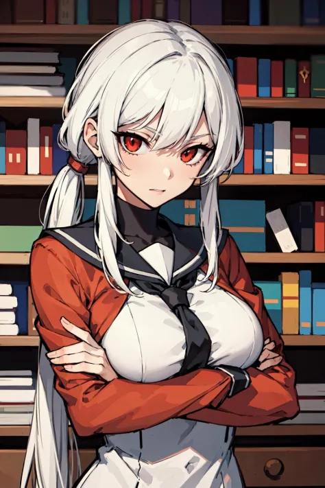 (masterpiece:1.2, best quality), 1lady, solo, white hair, long twintails, red eye, big breasts, serafuku, Library, crossed arms,...