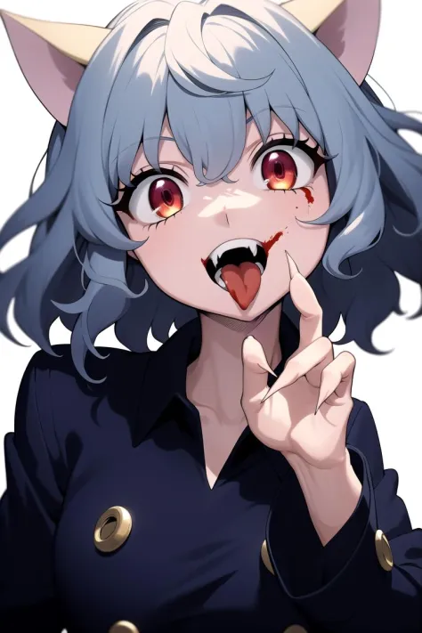 1girl, <lora:Neferpitou_CHARA7-000045:1>, impitou, blue shirt, buttons, long sleeves, curly hair, red eyes, upper body, close-up...