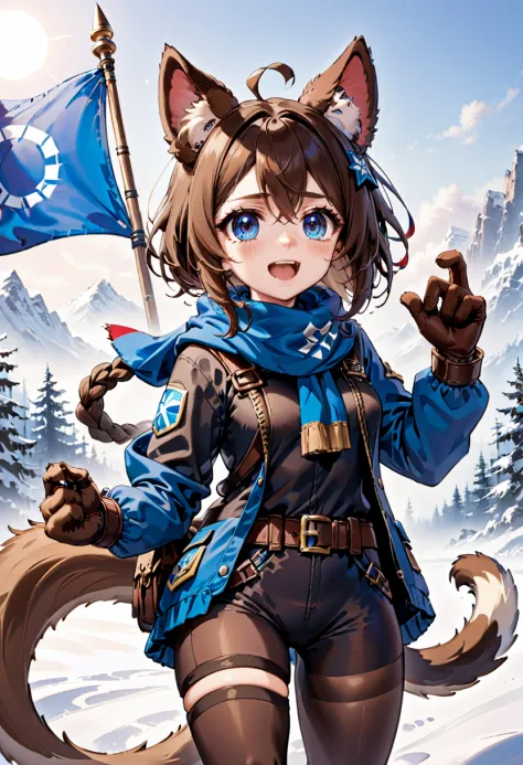 AnidskXL, 1girl, :d, animal, animal ears, bag, belt, black pants, blue eyes, braid, brown hair, dog, dog ears, dog girl, dog tail, fang, flag, fur trim, gloves, goggles, goggles on head, holding, long sleeves, looking at viewer, open mouth, pants, scarf, smile, snow, solo, tail, winter clothes, 