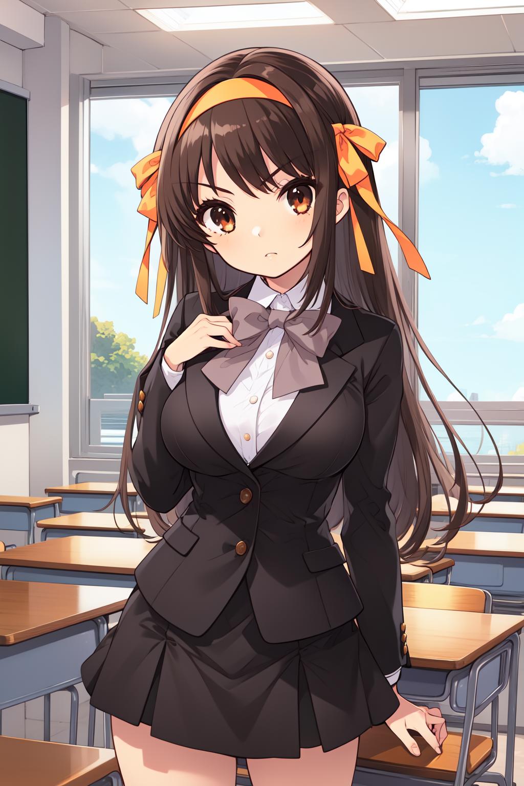 Anime girl in school uniform standing in a classroom with desks - SeaArt AI