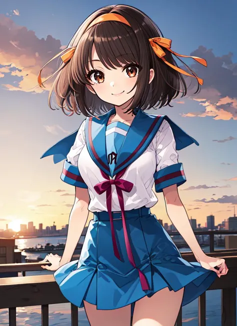 ((best quality)), ((highly detailed)), masterpiece, , (1girl), (solo), cowboy shot, <lora:hairdetailer:.5>, <lora:suzumiya_haruhi_lora_ver1:.6>, haruhisuzumiya, brown eyes, brown hair, medium hair, smiling, hair ribbon, hairband, kita high school uniform, serafuku, sailor collar, white shirt, short sleeves, skirt, (outdoors, at a city, morning, sunrise)