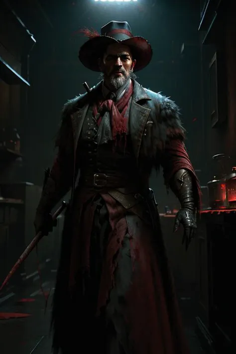 a man in a hat and coat holding a sword in a dark room