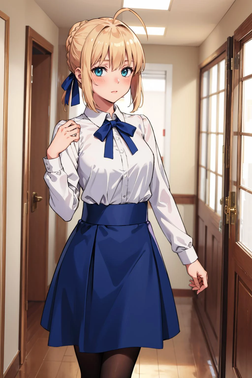 masterpiece, best quality,  sabercasual, ahoge, braid, hair bun, hair ribbon, white shirt, neck ribbon, long sleeves, blue skirt, pantyhose, indoors, hallway, blush