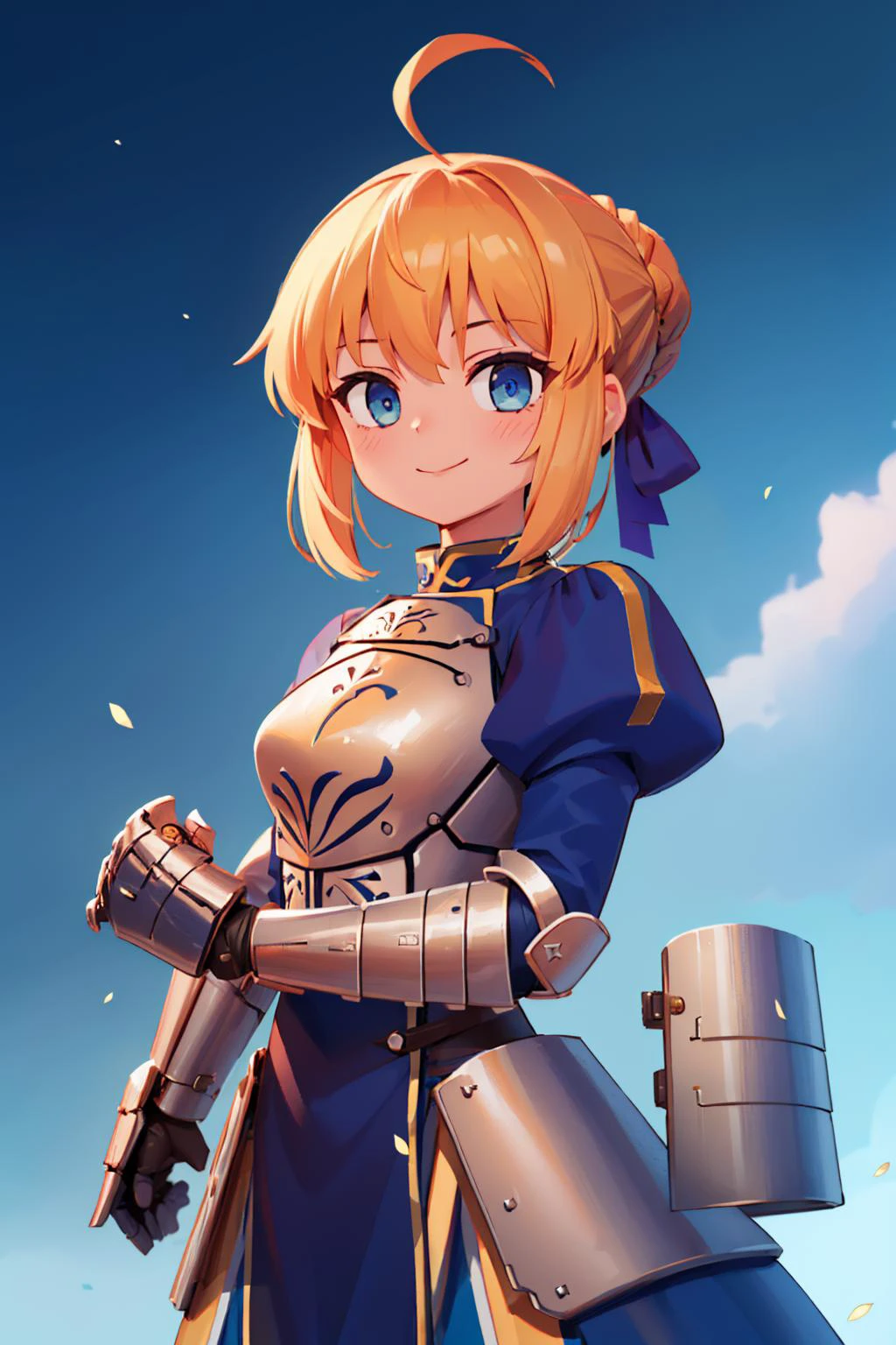 (masterpiece, best quality:1.2), blue theme, solo, 1girl, saberdef, slight smile, looking at viewer, ahoge, braid, hair ribbon, armored dress, ribbon, gauntlets 