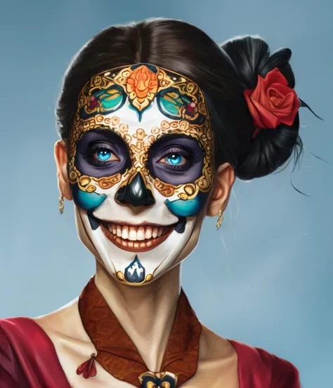 a close up of a woman with a face painted like a skull