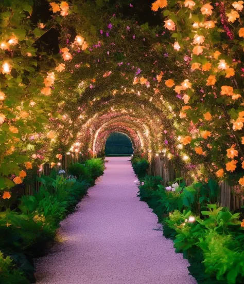 a view of a pathway with flowers and greenery in the middle