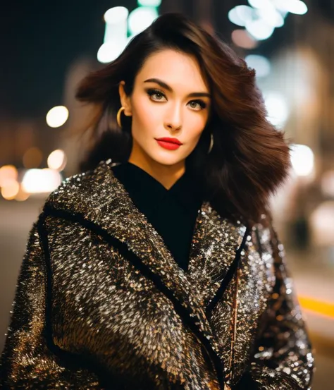 a close up of a woman in a shiny coat on a city street