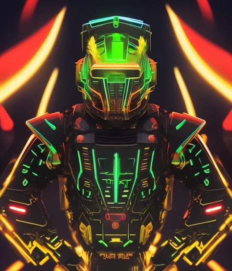 a close up of a robot with glowing lights on his face