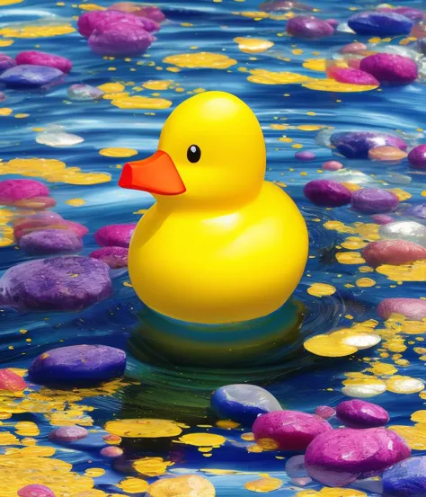 yellow rubber duck floating in a pool of water with rocks