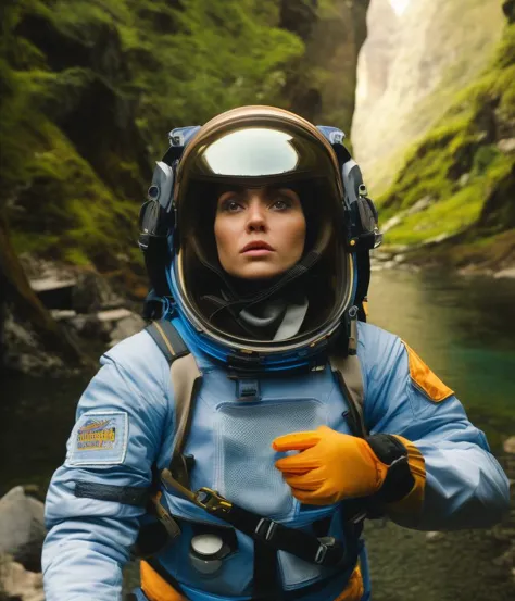 arafed woman in a space suit standing in a river