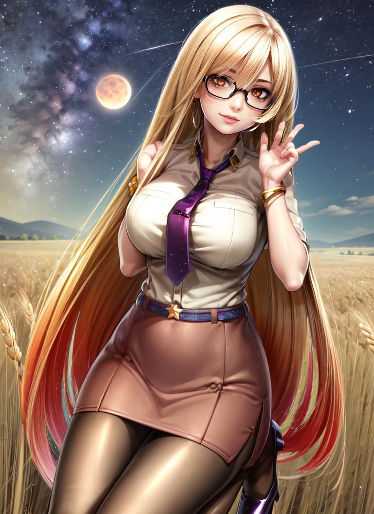 ((best quality)), ((highly detailed)), masterpiece, detailed face, beautiful face, , (1girl), (glasses), top view, looking at viewer, looking up, dynamic pose, cowboy shot, sunsensei, gradient hair, (very long hair), orange eyes, large breasts, smiling, collared shirt, necktie, sleeves rolled up, belt, brown skirt, pencil skirt, pantyhose, bracelet, high heels, (gold footwear), (outdoors, in a wheat field, midnight, night sky, stars, lunar eclipse, shooting star), hpstyle, (solo), looking at viewer