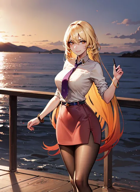 anime girl with long blonde hair and a tie standing on a pier