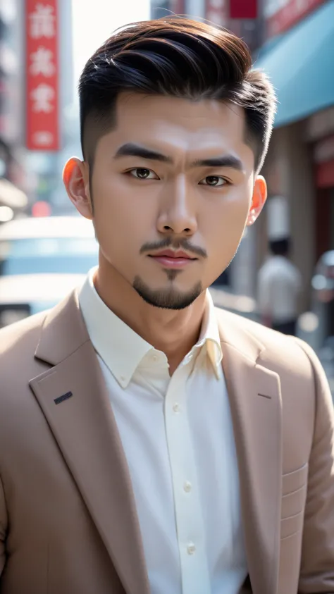 a close up of a man in a suit standing on a city street