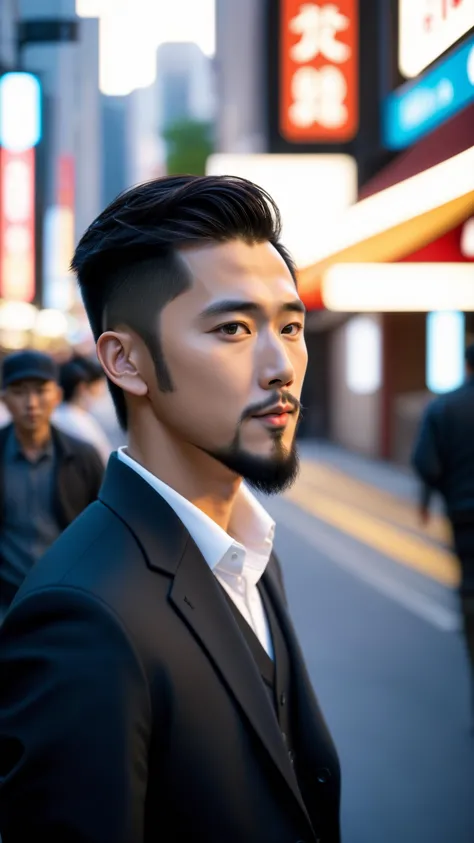 arafed asian man in a suit and tie standing in a busy city street