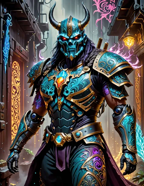 retro cyberpunk concept art of a vikingpunkai cyborg, master of dark magic, summons an ancient, powerful spell in front of our very eyes. intricate patterns armor, vibrant colors and dramatic lighting heighten the sense of magic and mystique, dark fantasy background with shadowy spirits emerging from a mysterious fog, hinting at the dangers lurking in the sorcerer's path,  vibrant colors, Ultra Realistic, High quality, Highly detailed, trending on artstation, intricate detailed background, embedding:SimplePositiveXLv2, . 80's inspired, synthwave, neon, vibrant, detailed, retro futurism,  <lora:xl_yamer_style-2.0:0.8>, <lora:WowifierXL-V2:0.8>