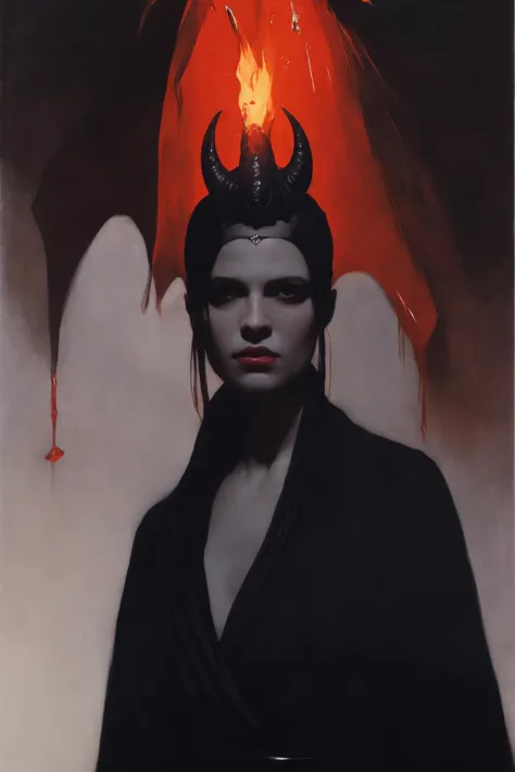 1 woman
demon
black horn
 robe
chained
lava 
 cave
piercing eyes
dramatic lighting
Malcolm Liepke
Wayne Barlowe