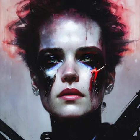 a close up of a woman with a gun and blood on her face