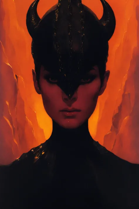 1 mulher demônio chifre preto rosto detalhado manto corrente caverna de lava iluminação dramática Malcolm Liepke Wayne Barlowe