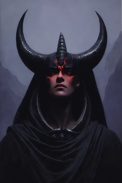 1 woman
demon
black horn
detailed face
robe
chain
lava 
 shadow
cave
dramatic lighting
Malcolm Liepke
Wayne Barlowe
