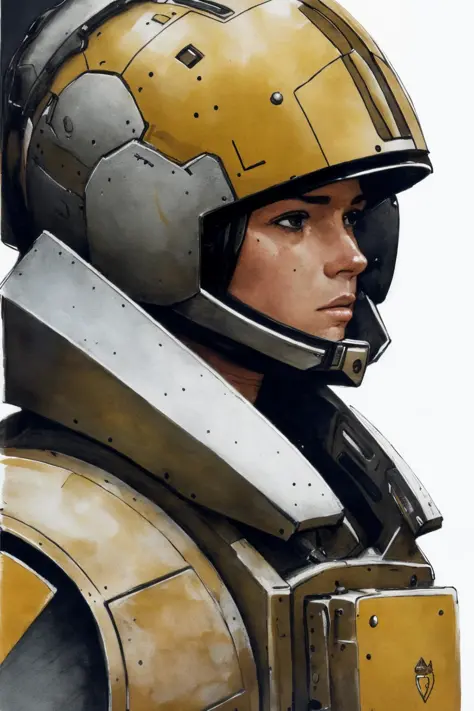 1 female soldier,  armor up ,closeup   
(Chris Foss, futuristic, ink sketch  )