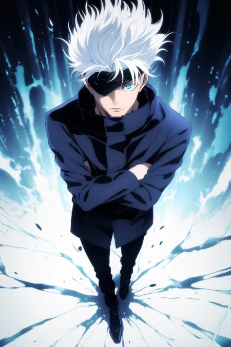 gojou satoru, 1boy, full body, white hair, blue eyes, looking at viewer,  parted lips, high collar, looking at viewer, black pan...